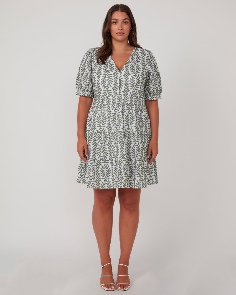 Front of a model wearing a size 24W La Croisette Dress in Green/Milk by Estelle. | dia_product_style_image_id:344508